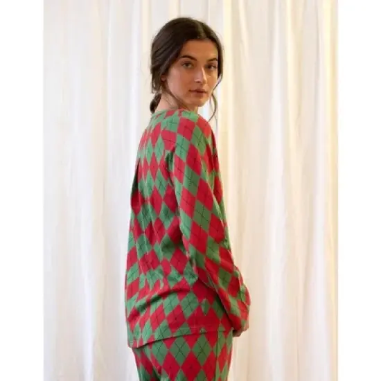 Leveret Womens Two Piece Cotton Argyle Christmas Pajamas image {2}