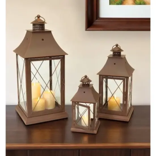 HomeRoots Set of Three Brown Lattice Glass And Metal Floor Lantern Candle Holders image {1}