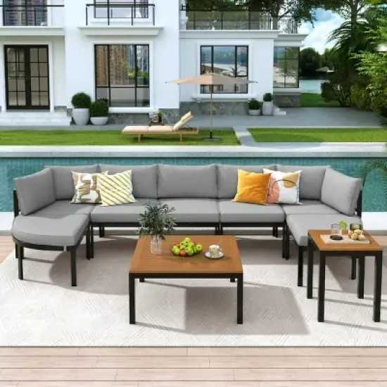 Outdoor Patio Sectional Sofa Set, Metal Outdoor Conversation Sofa Set with Coffee Table, Sofa with Iron Frame and Foam Cushions-Coolbibila image {8}