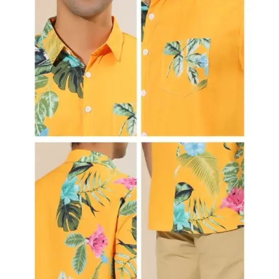 Lars Amadeus Men's Hawaiian Shirt Short Sleeves Summer Patchwork Floral Leaf Shirts image {5}