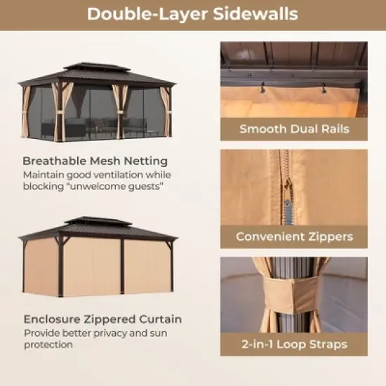 Tangkula 12' x 20' Double-Roof Hardtop Gazebo w/ Galvanized Steel Roof Netting Curtains image {4}