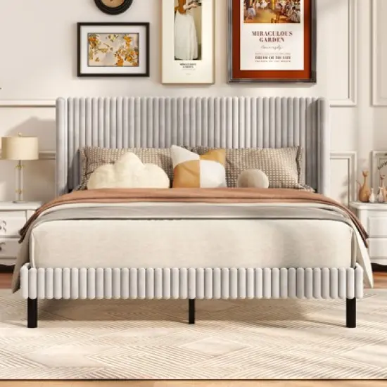 Costway Queen Size Velvet Bed Frame Upholstered Platform Bed with Wingback Headboard image {4}