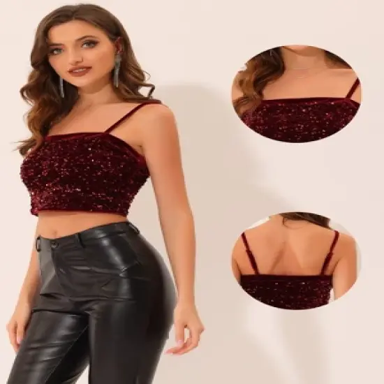 Allegra K Women's Velvet Spaghetti Strap Club Party Crop Sequined Cami Top image {1}