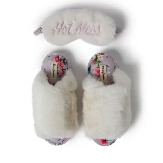 Dearfoams Women's Louise Furry Cross Band Slide Slippers Set with Sleep Eye Mask image {5}