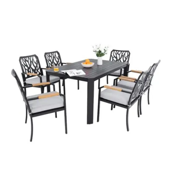 DOMETOUR 7Pcs Patio Aluminum Furniture Set, Modern Dining Set with 6 Dining Chairs, Branch-Like Backrest, Rectangular Table with Umbrella Hole image {9}