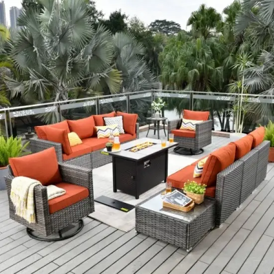 Ovios Venice 11pc Wicker Outdoor Patio Furniture Set Conversation Sofa with a Metal Fire Pit, Swivel Chairs and Cushions image {21}