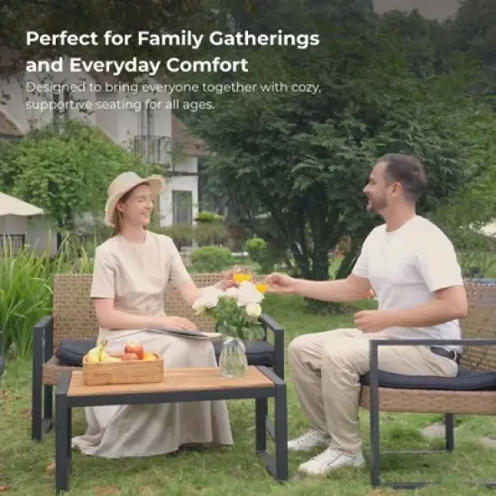 Aukfa Modern Weave 4-Piece Outdoor Patio Conversation Set with Cushions and Wood-Top Coffee Table - Noir Garden Sofa & Chair Set image {2}