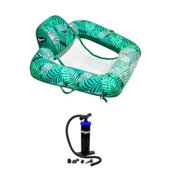 Aqua Zero Gravity Pool Inflatable Float Lounger Chair with Aqua Heavy Duty Dual Action Hand Pump with 4 Nozzle Adapters Attachments, Teal Fern Green image {1}