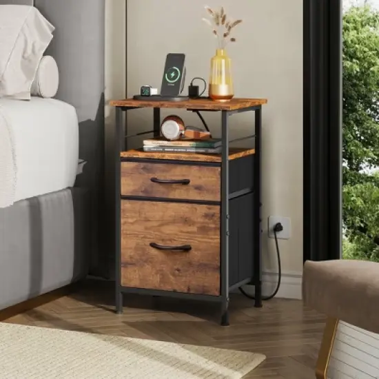 GALAXHERO  Night Stand Set 2, Nightstand with Charging Station, Bedside Tables for Bedroom, Side Table,Rustic Brown image {3}