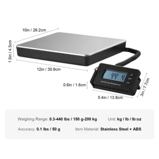 VEVOR Digital Shipping Scale, 440 lbs x 1.7 oz. Heavy Duty Postal Scale with Timer, Tare Function, HD LCD Screen Portable Package Scale, Silver image {7}