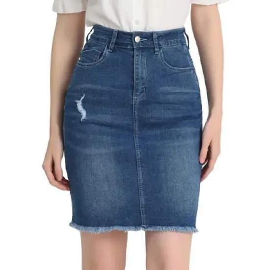 Allegra K Women's Basic Distressed High Waist Ripped Hem Washed Jeans Skirt image {7}