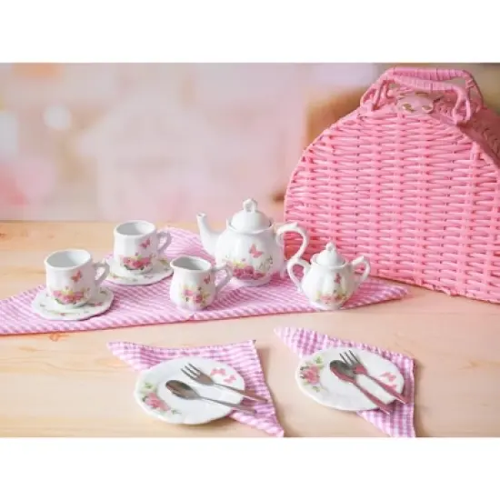 Jewelkeeper Porcelain Tea Set with Picnic Basket - Pink - 18 Pieces image {2}