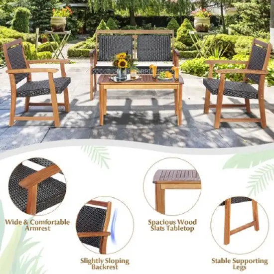 Costway 4 PCS Patio Rattan Furniture Set Acacia Wood Frame Sofa Loveseat Garden image {6}