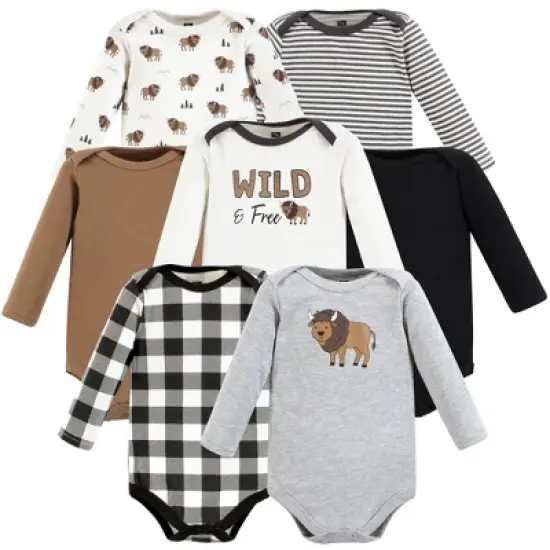 Hudson Baby Infant Boy Cotton Long-Sleeve Bodysuits, Wild Buffalo 7-Pack image {16}