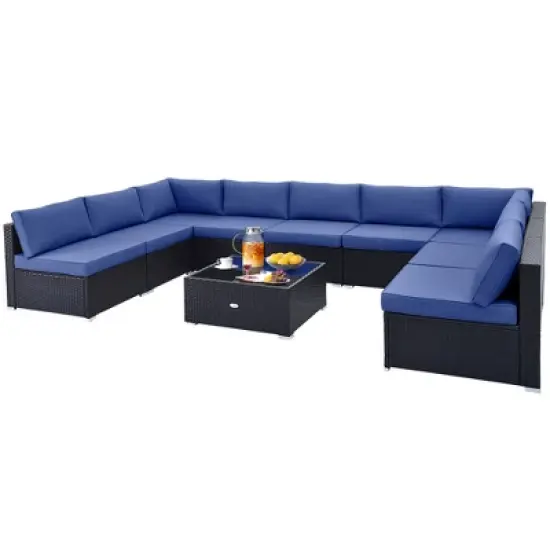 Tangkula 10PCS Rattan Furniture Set Outdoor Wicker Sofa Table Cushioned Seat Patio image {7}