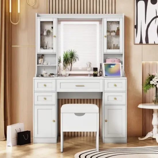 TOBILI 41.4" Makeup Vanity Desk with Mirror and Lights, Makeup Table with 5 Drawers and 4 Cabinets,White image {1}