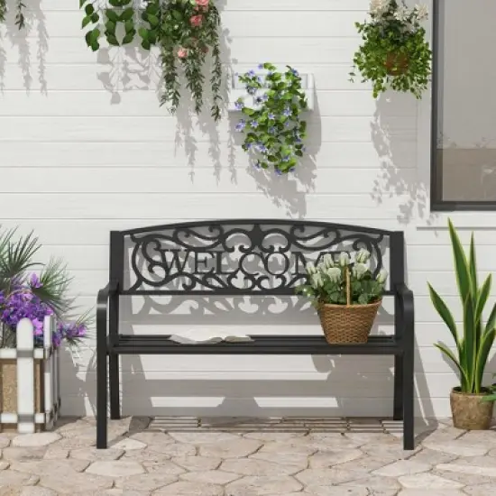 Outsunny 50" Outdoor Metal Welcome Bench, Powder Coated Cast Iron Sign & Steel Frame, 2 Person Bench with Antique Vine Motifs & Slatted Seat, Black image {2}