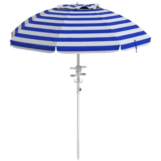 DOMETOUR 5.7' Portable Beach Umbrella with Tilt, Adjustable Height, 2 Cup Holders & Hooks, with Vented Canopy, Blue White Stripe image {7}