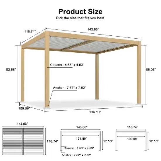 PURPLE LEAF Louvered Pergola Outdoor Aluminum Pergola with White Adjustable Rainproof Roof Wood Grain Frame Hardtop Gazebo for Patio Deck Garden image {9}