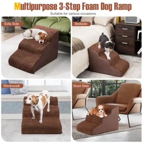 3-Tier Foam Dog Ramp Non-Slip Dog Steps Soft Pet Stairs Ladder for High Sofa Bed Grey/Brown image {8}