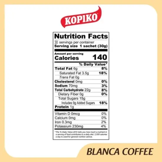 Kopiko Blanca Instant Creamy Coffee 3-in-1 Authentic Indonesian Volcanic Coffee with Brown Sugar 31.7 Oz. (30 G.X 30 Sachets) Pack of 2 image {6}