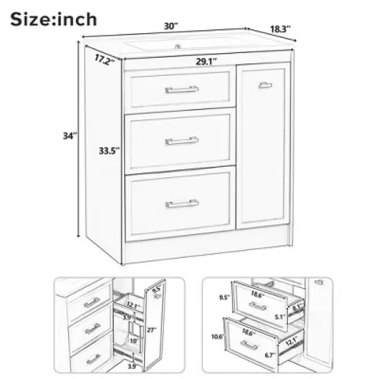 30" Bathroom Vanity Set, Classic Floor Standing, with Two Drawers & a Double-Layer Drawer image {5}