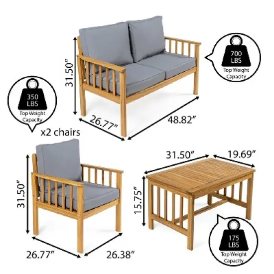 Everly 4-Piece Modern Cottage Acacia Wood Outdoor Patio Set with Cushions and Tropical Decorative Pillows - JONATHAN Y image {2}