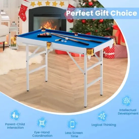 Costway 47" Folding Billiard Table Pool Game Table Indoor Kids w/ Cues Brush Chalk Green/Blue image {7}