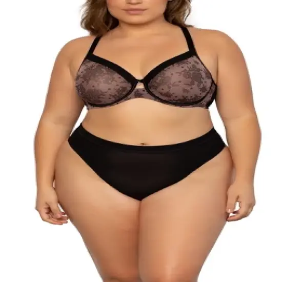 Curvy Couture Women's Plus Size Sheer Mesh High Cut Thong Panty image {3}