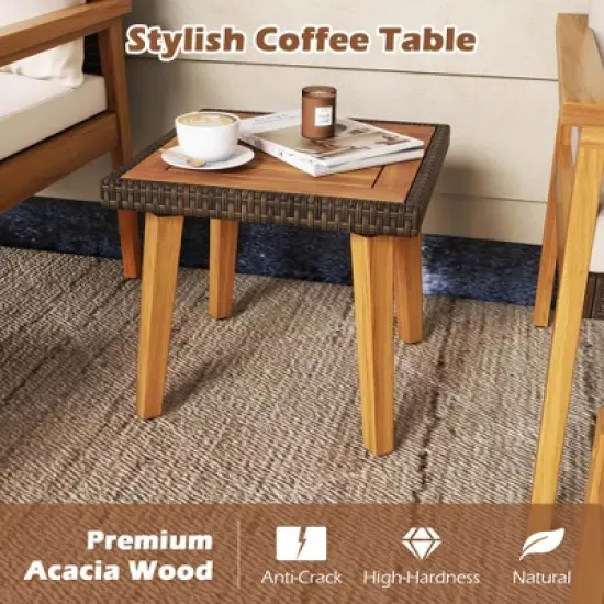 Costway 5 PCS Rattan Furniture Set Wood Frame Chairs & Ottomans with Square Coffee Table image {6}