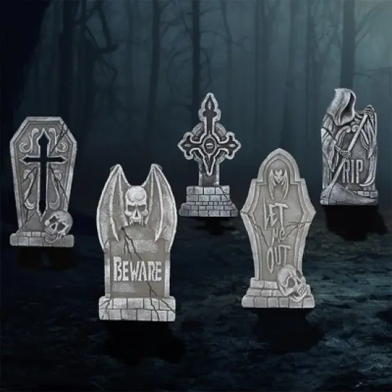 Joyfy 17" Halloween Foam Graveyard Tombstones Decoration for Halloween Prop Cemetery Outdoor, Yard Lawn Decorations, Party Supplies 5 PCS image {1}