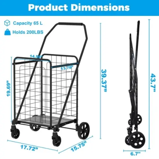 Shopping Cart with Shelf,Grocery Cart on Wheels, Foldable Utility Shopping Carts with 360&deg; Rolling Swivel Wheels for Groceries Laundry image {4}