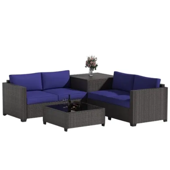 Decksplore Outdoor Lounge Set PE Wicker with Iron Frame Navy Blue Sofa & Coffee Table Combo image {1}
