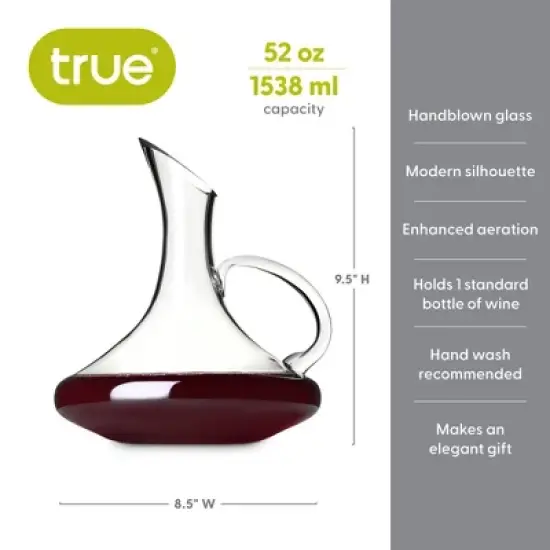 True Handled Wine Decanter, Glass Carafe, Red and White Wine, Wine Aeration, Bar Gadgets, Wine Lover Gifts, Holds 1 Standard Bottle, 52 oz image {2}