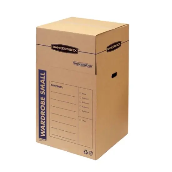 Bankers Box 3pk SmoothMove Short Wardrobe Moving Boxes - Fellowes: Recyclable Brown Paper, 20"x20", Moving Supplies image {1}