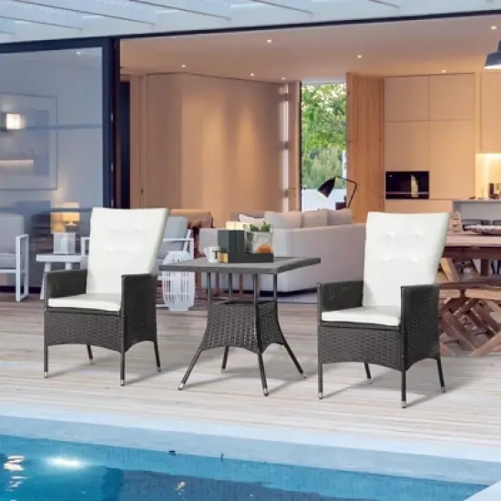 Outsunny 3 Pieces Patio PE Rattan Sofa Set, Outdoor Recliner Chairs with Wood Grain plastic Top Coffee Table Conversation Furniture Set, for Garden, Backyard, Deck image {1}