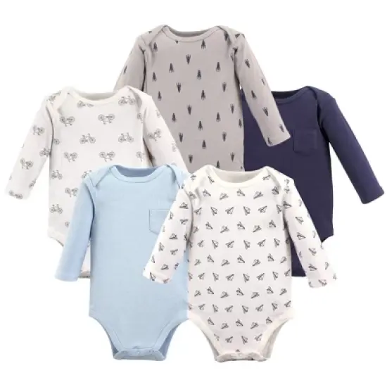 Hudson Baby Infant Boy Cotton Long-Sleeve Bodysuits 5pk, Basic Paper Airplane image {1}