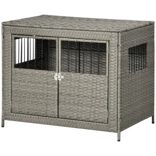 PawHut Rattan Dog Crate with Double Doors, Wicker Dog Cage with Large Entrance and Soft Cushion, Dog Kennel for Medium to Large Sized Dogs, Gray image {3}
