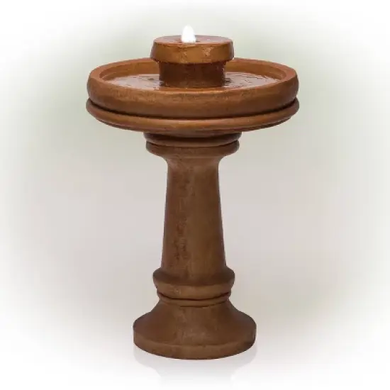 29" Resin Outdoor 2-Tier Traditional Birdbath Water Fountain with LED Lights Brown - Alpine Corporation image {2}