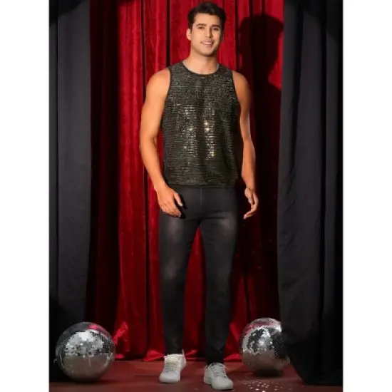 Lars Amadeus Men's Sparkly Sequins Crew Neck Party Club Metallic Tank Top image {1}