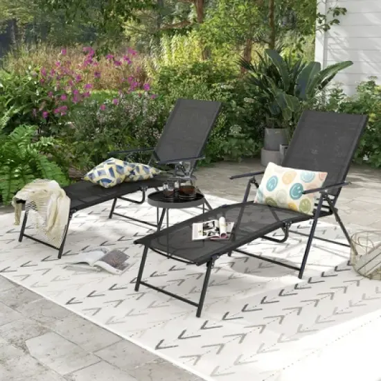 Costway 2 Piece Patio Folding Chaise Lounge Chairs with 6-Level Backrest Reclining Chairs Tan/Black/Grey image {3}