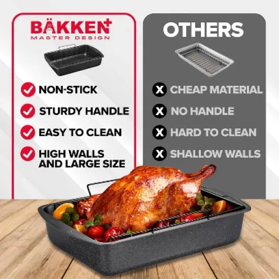 BAKKEN Nonstick Turkey Roasting Pan with Rack &ndash; 17 X 13 inch,  Large Heavy-Duty Carbon Steel Roasting Pan, Oven Safe Up to 450&deg;F, Gray Marble image {5}