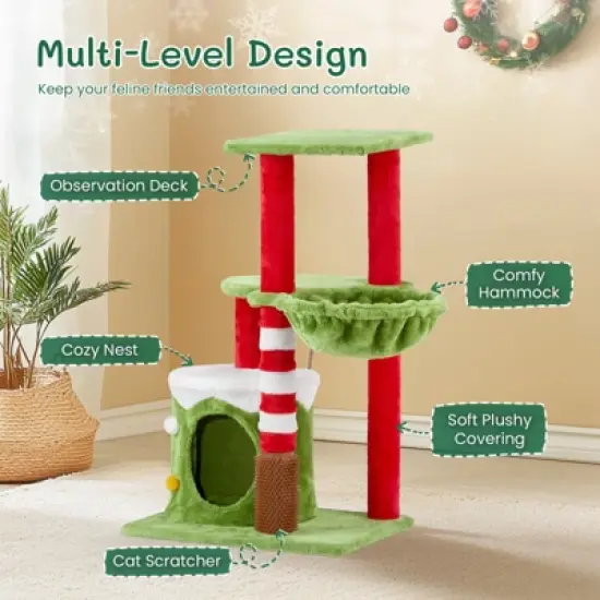 phiestina 32in Cat Scratching Posts Tower, Christmas Themed Plush Cat Tree with Hammock, Cat Massage Brush, Activity Center for Indoor Cats image {2}