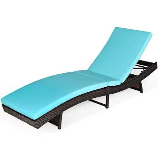 Costway Patio Rattan Folding Lounge Chair Chaise Adjustable W/White\Turquoise Cushion image {8}