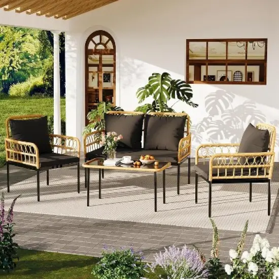 4-Piece Patio Set,Outdoor Wicker Chairs with Glass Table & Cushions,Modern Rattan Bistro Set for Porch,Garden,Balcony image {7}