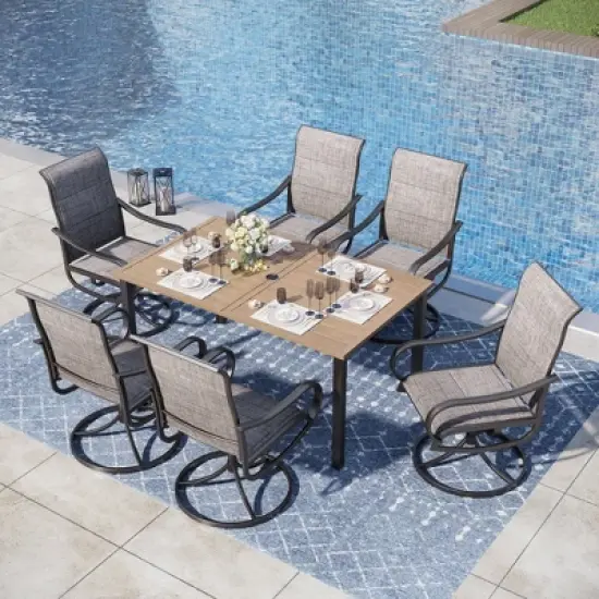 Captiva Designs 7pc Outdoor Rectangle Steel Table with Umbrella Hole & Textilene Swivel Chairs image {15}