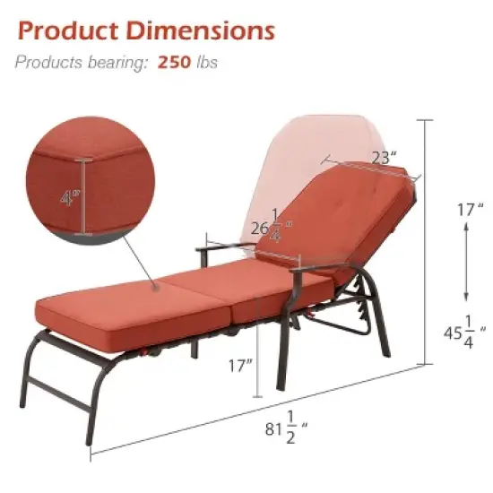 COWLOWN Orange Adjustable Outdoor Chaise Lounge Chair, Patio Recliner with Armrest and Cushion, Ideal for Deck, Poolside, Backyard image {3}