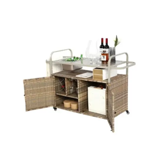 Wicker Outdoor Bar Serving Cart,Wicker Bar Cart With Cabinet,Lockable Wheels,Steel Frame Rolling Cart For Garden Backyard-Coolbibila image {4}