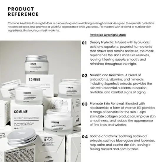COMUNE Revitalize Overnight Mask - Antioxidants & Anti-Aging Facial Night Cream with Hyaluronic Acid and Niacinamide image {4}