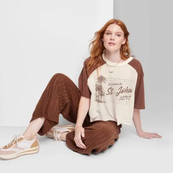 Women's Ascot + Hart Cropped St. John Elbow Sleeve Graphic T-Shirt - Brown image {6}